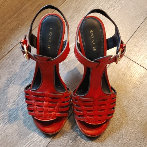 Coach Leather Izzie Red Woven High Heel Sandal Pumps, Size 6 - Picture 11 of 11